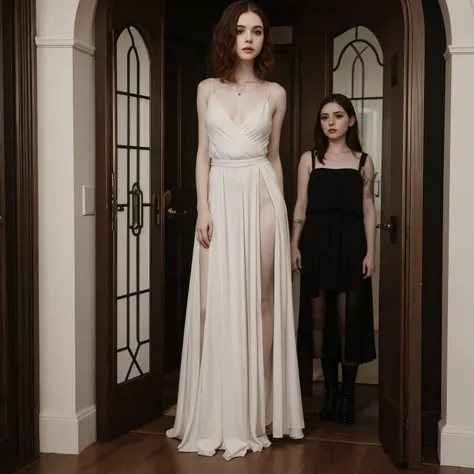 Sophia Lillis, plump body, goth makeup, pale skin, long flowing hair, standing in an elegant doorway