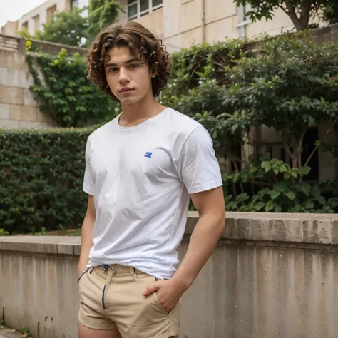 17 year old boy with muscular curly hair, blue eyes, he wears a white shirt and beige shorts 