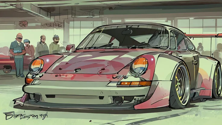 
Porsche 911 rwb, wide body, sketch, 
cartoonish, comic strip, Chip Foose car rendering, chrome wheels, bagged, slammed to the ground, empty parkinglot, style dessin manga, couleur