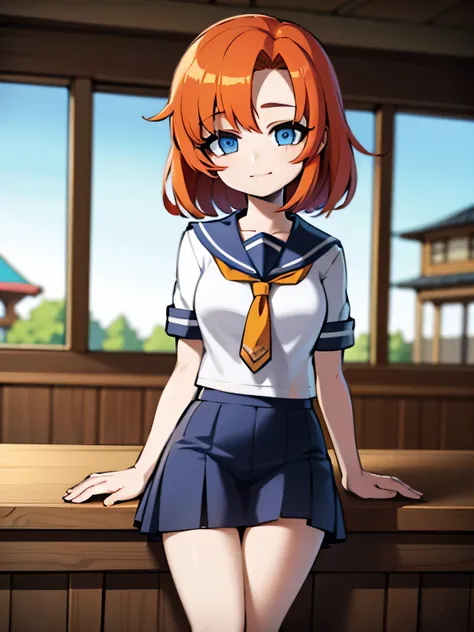 1 girl, rûuguu horseradish, orange medium hair, blue eyes, seraphuku