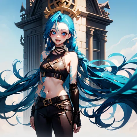 jinx (league of legends), 1girl,Pixar style, solo, braid, twin braids, long hair, Surprised Eyes,tattoo, piercing, belt, jewelry, earrings, (Eyes wide open:0.9),looking at viewer, arm tattoo, (Background of medieval castles:1.1), blue hair, blush, smile, v...