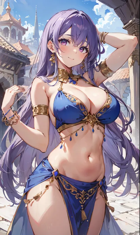 high quality, ultra detailed, best quality, insanely detailed, beautiful, masterpiece, 1girl, plaza, medieval Europe, cowboy shot, red eyes, long hair, light purple hair, (belly dancer, harem outfit, pelvic curtain:1.2), purple costume, bare legs, circlet,...