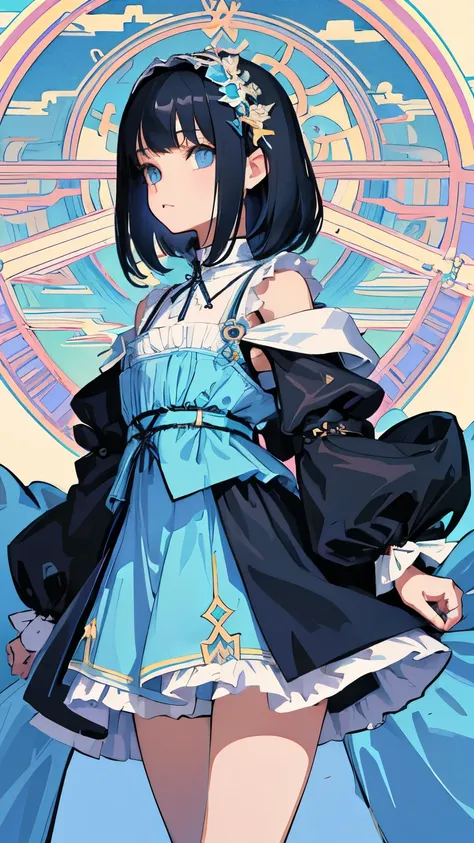 (short cute girl，small young student，young delicate girl）,（masterpiece，Top quality)，light blue lolita outfit，shorts，long black hair，Mucha，tarot cards