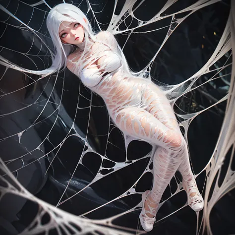 best quality,ultra-detailed,classroom,photorealistic,hanging,spiders in the web,long spider legs,beautiful girl,desperate struggle,entangled,despair,cocoon