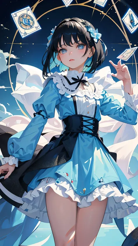 (short cute girl，small young student，young delicate girl）,（masterpiece，Top quality)，light blue lolita outfit，shorts，long black hair，Mucha，tarot cards