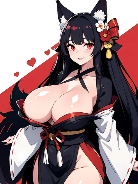 1 girl, long black hair, fox ears, only fox ears, crimson eyes, extremly detailed, blushing, huge breasts, sexy and seductive, wearing red and white erotic kimono, tall, long flufy nine fox tails, thicc thighs, wide hips, smile, horny, absurdes, high res, ...