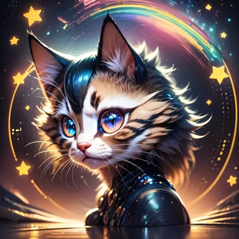 isometric gradient iridescent rainbow alien kitten, large glowing eye sockets made of sparkling rainbow stars, mark ryden art st...