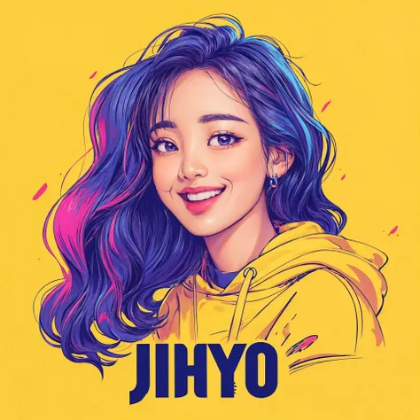 (best quality, masterpiece:1.2), graphic design, logo, a smiling woman with the word "jihyo", kpop, simple lines, cartoon style,...