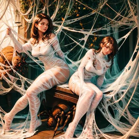 1girl,Spider weaving a net on the girl,réalism:1.2,ultra-detailed,bedroom setting,stretched pose,struggling in the net,brown haired,very long sheer skirt,oaken floor,soft sunlight,delicate spider silk,lace curtains,bedside table,decorative pillows, spider ...