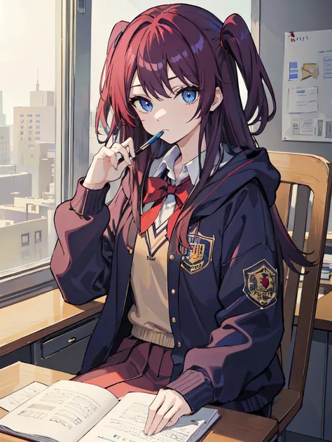 (masterpiece、high quality、be familiar with、High quality、detailed)、pretty girl、long hair of bright maroon color,、two side up hair、blue eyes、blue long hoodie、black pantyhose、loafers、university student、narrow shoulders、thinking expression、Sitting in a chair o...