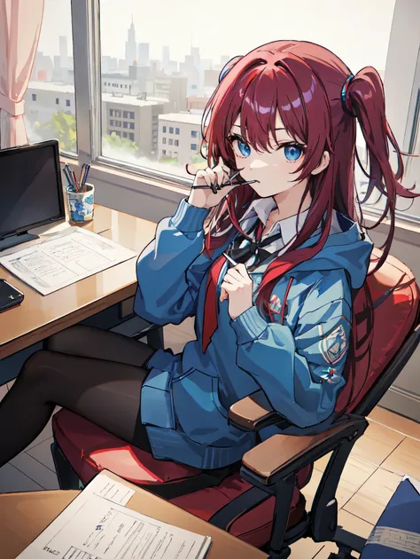 (masterpiece、high quality、be familiar with、High quality、detailed)、pretty girl、long hair of bright maroon color,、two side up hair、blue eyes、blue long hoodie、black pantyhose、loafers、university student、narrow shoulders、thinking expression、Sitting in a chair o...