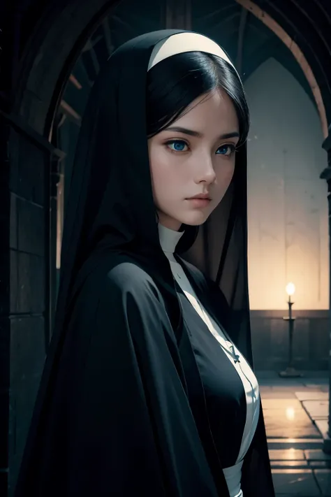 A NUN, BLUE EYES, WHITE SKIN, BLACK HAIR, DYNAMIC CAMERA, ELABORATE POSE, DARK BACKGROUND, HER EXPRESSION IS SERIOUS AND SERENE.