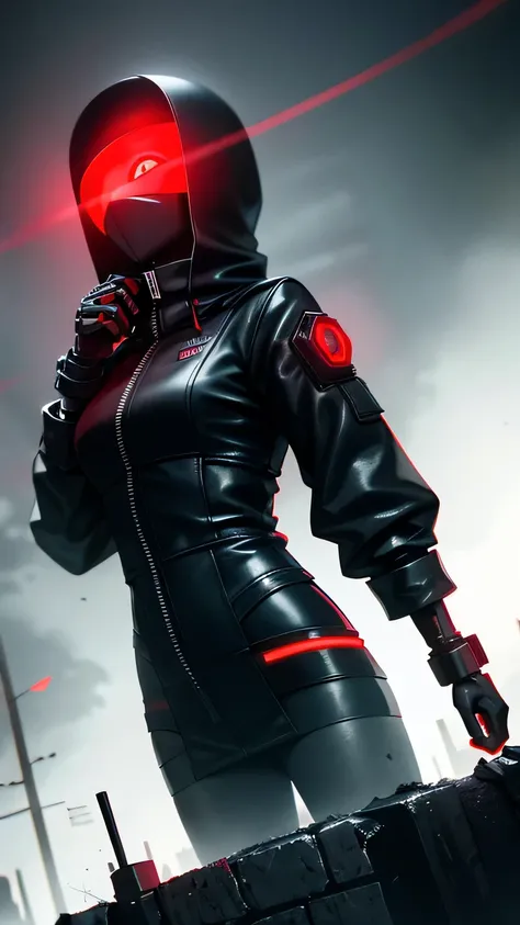 (((Dystopian world))), ((dark cyberpunk atmosphere)), Gloomy sky, dark night, Black Sky, starless sky, long wires and flickering sensors, cold concrete, dark sky, lonely dark anime girl, Red eyes, White steel helmet, black and gray inserts, red meat skin, ...