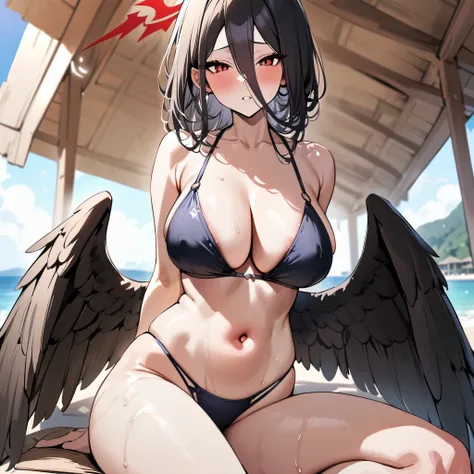 1girl, hasumi (blue archive), blue archive,masterpiece, best quality, newest,  ||||| , |||||| , rating:nsfw, ,sexy, hot, slim body, bikini, ,,, ,, perfect body,, wings, beach, sexy, wet, deep breath, sit