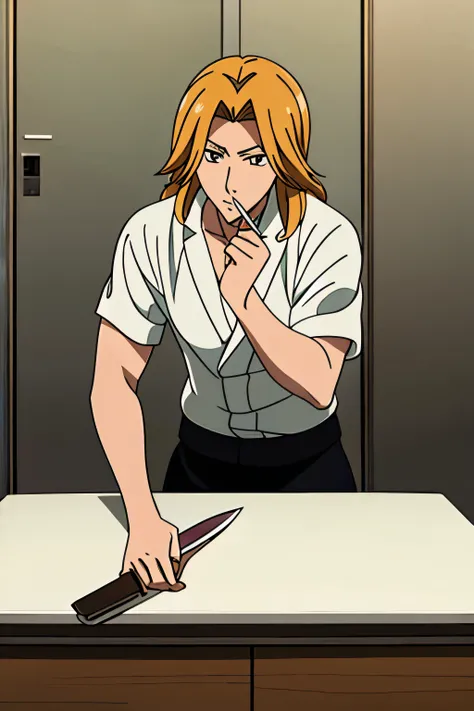 rangiku matsumoto holding a knife in a white room with a desk with a young boy kid in the opposite side of the desk