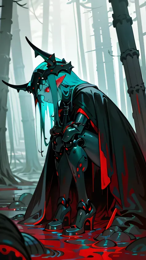 (((dark fantasy art))), dark mechanized girl, (A Dead Look), blue skin, (teal skin), pale teal skin, Red eyes, ((red sclera)), Red eyes слизи, sharp black helmet, metal closed helmet, pointy ears, medium length blonde hair, black steel neckband, (long blac...