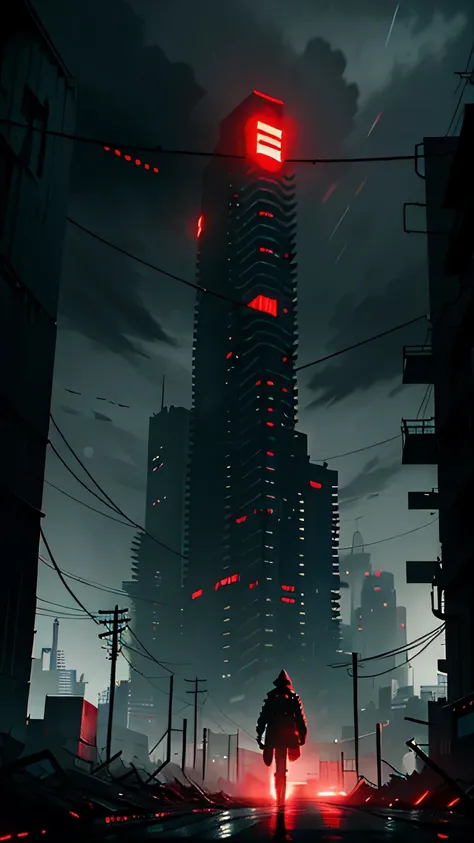 (((Dystopian world))), ((dark cyberpunk atmosphere)), Gloomy sky, dark night, Black Sky, starless sky, long wires and flickering sensors, cold concrete, dark sky, lonely dark anime girl, Red eyes, White steel helmet, black and gray inserts, red meat skin, ...