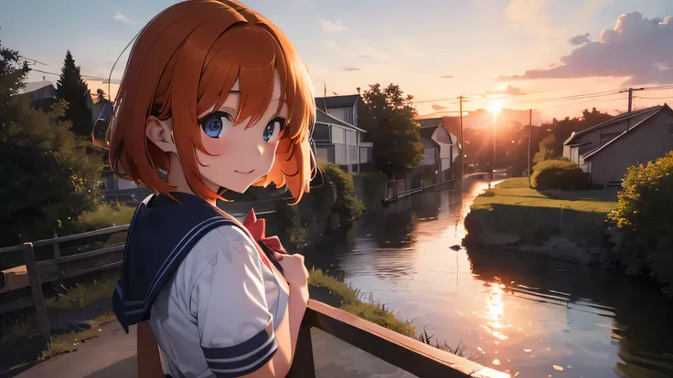 1 girl, rûuguu horseradish, orange medium hair, blue eyes, seraphuku, sunset