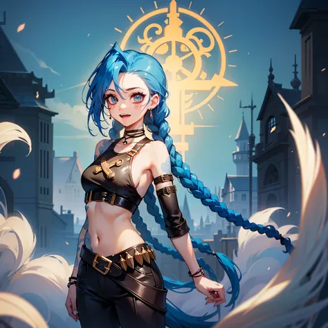 jinx (league of legends), 1girl,Pixar style, solo, braid, twin braids, long hair, Surprised Eyes,tattoo, piercing, belt, jewelry, earrings, (Eyes wide open:0.9),looking at viewer, arm tattoo, (Background of medieval castles:1.1), blue hair, blush, smile, v...