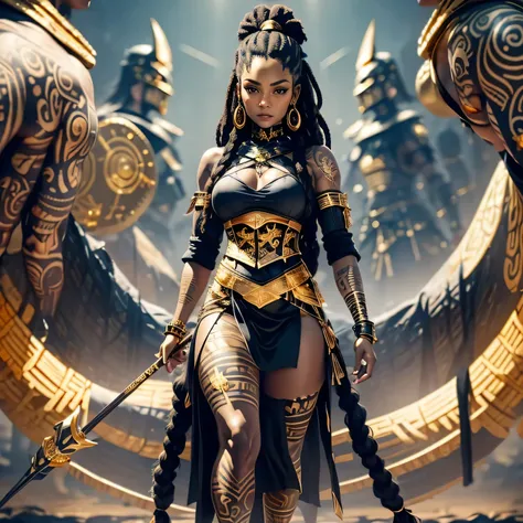 (((full body picture))), (((1 woman))), Top quality, Intricate details , A ebony woman, ((standing holding a spear)), (serious look:1.4), (wearing black and golden battle outfit:1.8) with some animal fur details, (long dreadlock hairstyle:1.3), (reflective...