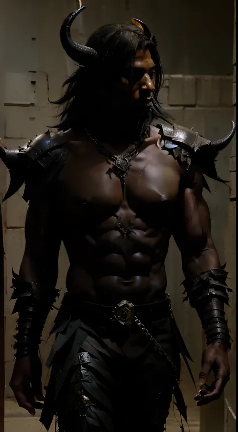 a strong black skinned guy wearing black armor with dragon horns and dragon wings