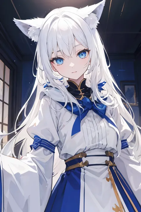 Girl, wolf ears, long hair, white hair color, blue eyes color, inside the house, world atmosphere isekai,