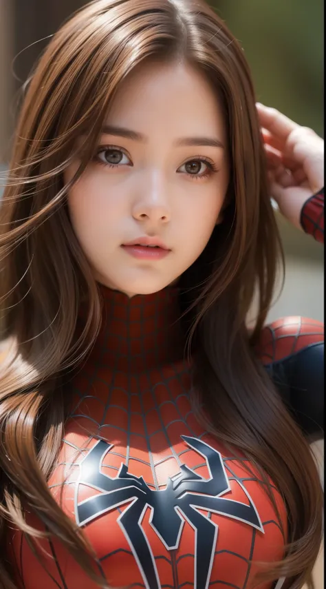 highest quality, masterpiece, (realistic:1.2), 1 girl, brown hair, brown eyes,front, detailed face, beautiful eyes, spiderman suit