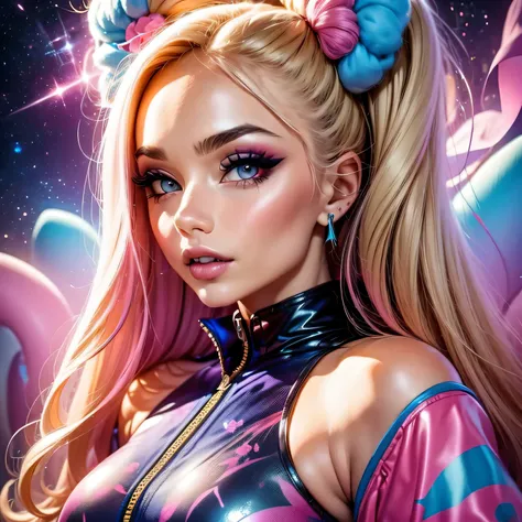 ((barbie)) blond woman with pink and blue makeup and a pink and blue jacket, blonde girl in a cosmic dress, cartoon look, ava ma...