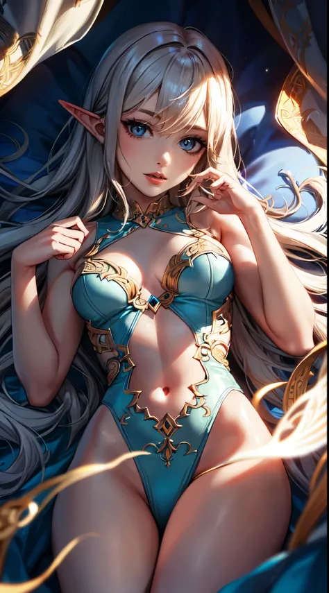 elf woman, detailed eyes, half-naked naked,lying on bed, detailed face, ethereal lighting, delicate skin, flowing hair, mystical atmosphere, vibrant colors, fantasy artwork, magical aura, enchanting beauty, natural elements. (best quality, ultra-detailed, ...