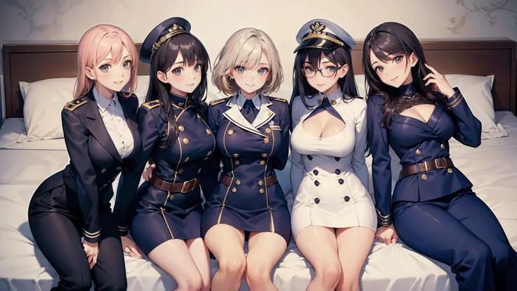 four sexy women looking at camera, flirtatious smiles, on bed, navy outfits, portrait