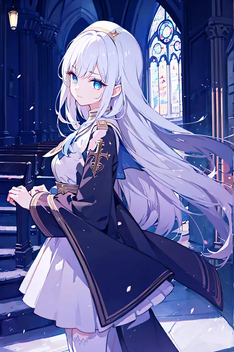 1girl, white hair, solo focus, clearly, blue eyes, very long hair, stole, priest, bishojo, church