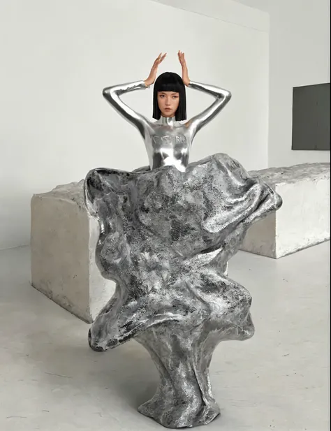 mulher arafa em uma roupa prateada brilhante sentada em uma escultura prateada, iris van herpen rankin, made of liquid metal and marble, arte de rei kawakubo, inspired by Fei Danxu, coberto com uma armadura prateada completa, cosmic bjork, Metal sculpture,...