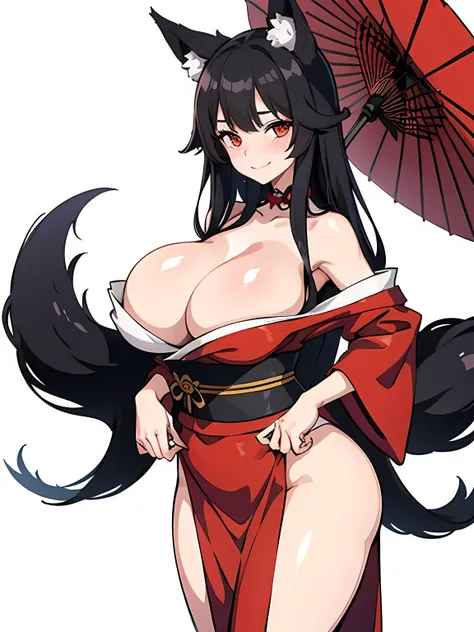 1 girl, long black hair, fox ears, only fox ears, crimson eyes, extremly detailed, blushing, huge breasts, sexy and seductive, wearing red and white erotic kimono, tall women, long flufy nine fox tails, thicc thighs, wide hips, smile, horny, absurdes, high...