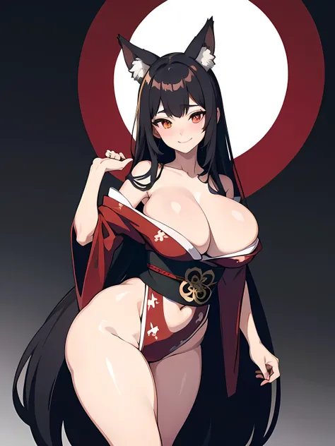 1 girl, long black hair, fox ears, only fox ears, crimson eyes, extremly detailed, blushing, huge breasts, sexy and seductive, wearing red and white erotic kimono, tall women, long flufy nine fox tails, thicc thighs, wide hips, smile, horny, absurdes, high...