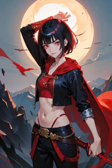 Anime girl, Black Hair, Short Hair, Red Eyes, Holding Red Sword, Psycho Smile, Red Cape, Adventurer Cloth, Night, Realistic Light, Best Quality, 8K