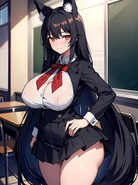 1 girl, long black hair, fox ears, only fox ears, crimson eyes, extremly detailed, blushing, huge breasts, sexy and seductive, wearing school uniform, skirt, classroom, tall women, long flufy nine fox tails, thicc thighs, wide hips, smile, horny, absurdes,...