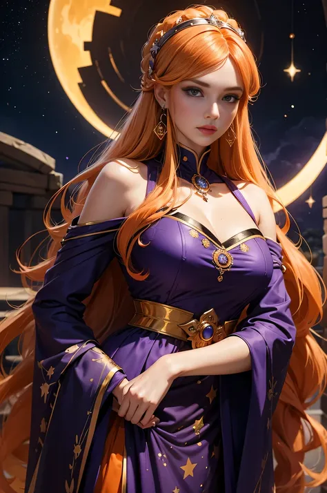 woman with creamy long orange hair , wearing royal purple outfit , moons and stars pattern , hoop earring 