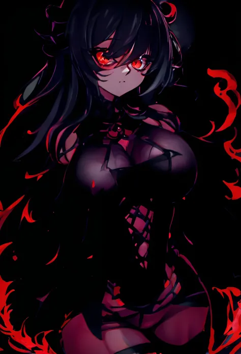 anime girl with big breast and big boos posing for the camera, gapmoe yandere grimdark, gapmoe yandere, rin tohsaka, fire!! full body, shalltear from overlord, yandere. tall, shalltear bloodfallen, yandere, with a large breasts, with red glowing eyes, attr...