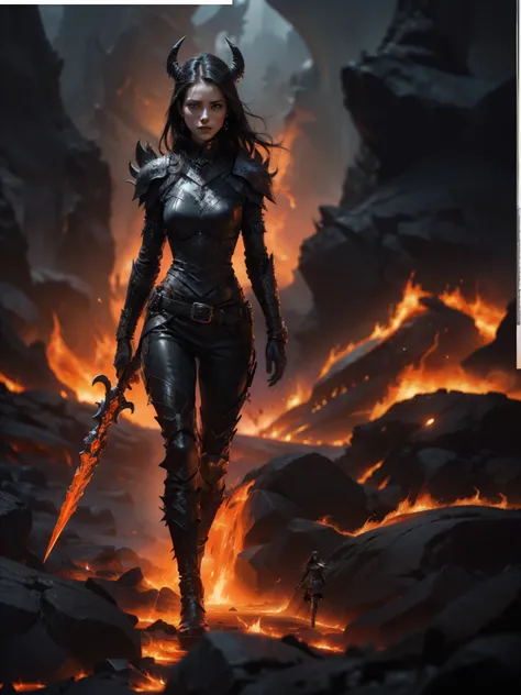 arafed woman in black leather outfit walking through a lava field, in style of dark fantasy art, epic fantasy digital art style, diablo 4 lilith, epic fantasy art style hd, 4k fantasy art, epic fantasy digital art, epic fantasy character art, a very beauti...