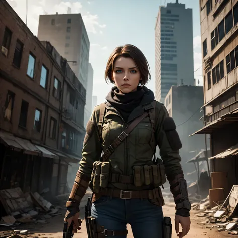 Slavic, solo female, straight short brown hair, blue eyes, resistance fighter, tactical gear, post apocalyptic city