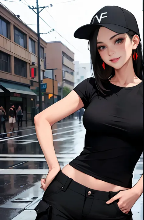 super resolution,
(realistic:1.3),
(1 slim girl), stylish girl, fashion,
young face, blush, (evil smile),
(slim) thigh,
baseball cap, earrings,
(black t-shirt), (baggy cargo pants),
gravure,
Rainy streets