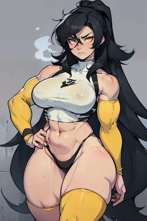 pale girl muscular breasts black hair yellow eyes thick thighs extremely long hair sad sad