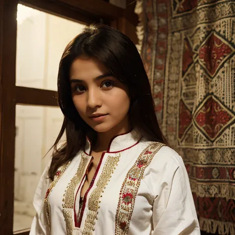 A girl in a traditional Afghan dress with parya written on her dress_clothes