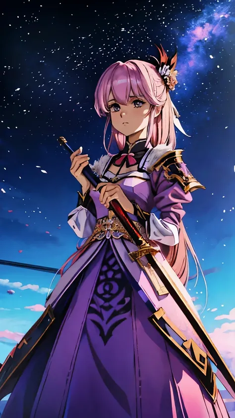 extreme details, Irreproachable, bird&#39;s-eye, As a work of art, Anime girl holding an ice and snow sword, Pink hair and a purple long skirt complement each other, looking at the distant Ayaka Genshin, leading us into the world of Genshin.