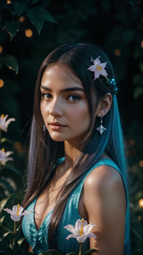 Beautiful realistic girl with BRIGHT WHITE-BLUE long hair ,Close-up of clean skin with detailed skin ,full length,in a short miniskirt,on an orange background ,Against the background of the starry sky,bright makeup,EARRINGS WITH GLITTERS,two-leaf gray flow...