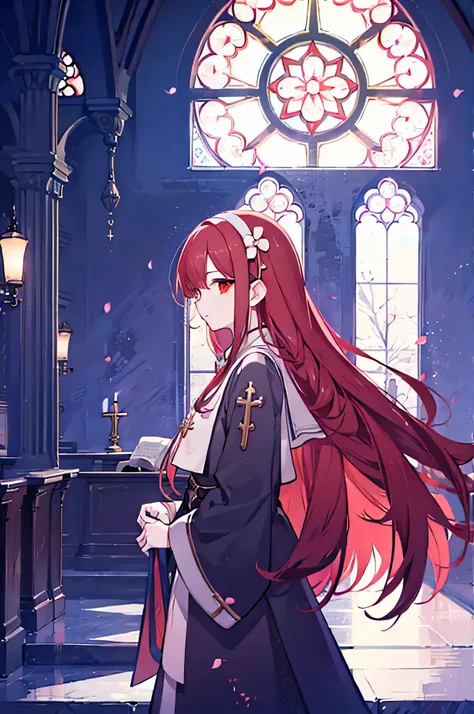 1 girl, redhead, focus only, clearly, red eyes, very long hair, Stall, priest, bishojo, church