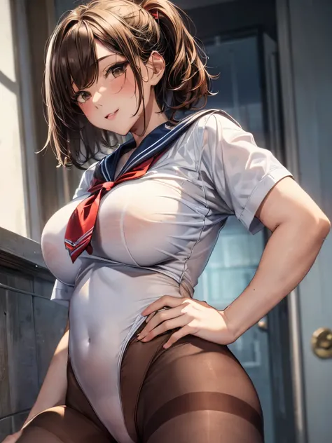 highest quality、complete limbs、one beautiful woman、((brown haired woman:1.3))、short hair woman、ponytail、big breasted woman、(((A woman wearing a white short-sleeved sailor suit-style leotard:1.3)))、red tie、(((brown pantyhose:1.7)))、big smile、sexy pose