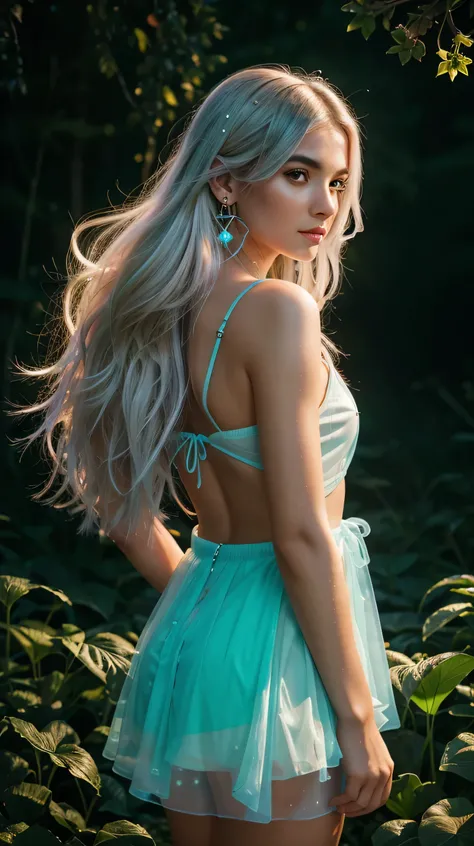 Beautiful realistic girl with BRIGHT WHITE-TURQUOISE long hair. ,Close-up of clean skin with detailed skin ,full length,in a short miniskirt,on an orange background ,Against the background of the starry sky,bright makeup,EARRINGS WITH GLITTERS,two-leaf gra...