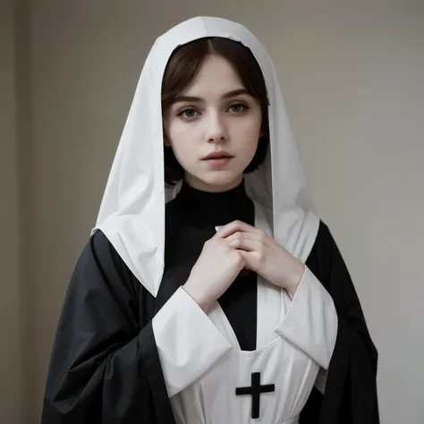 Sophia Lillis, plump body, goth makeup, pale skin, long luscious hair, dressed in a nun’s habit