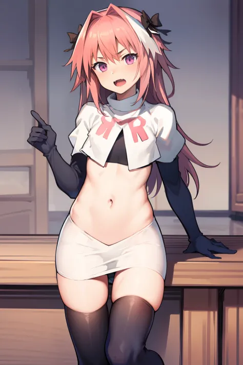 absurdres, masterpiece, best quality, (astolfo fate:1.2155), 1boy, male focus, trap, pink multicolored hair, pink hair, white hair, hair intakes, long hair, pink detailed eyes, crossdressing,1boy, team rocket,team rocket uniform, red letter R, white skirt,...